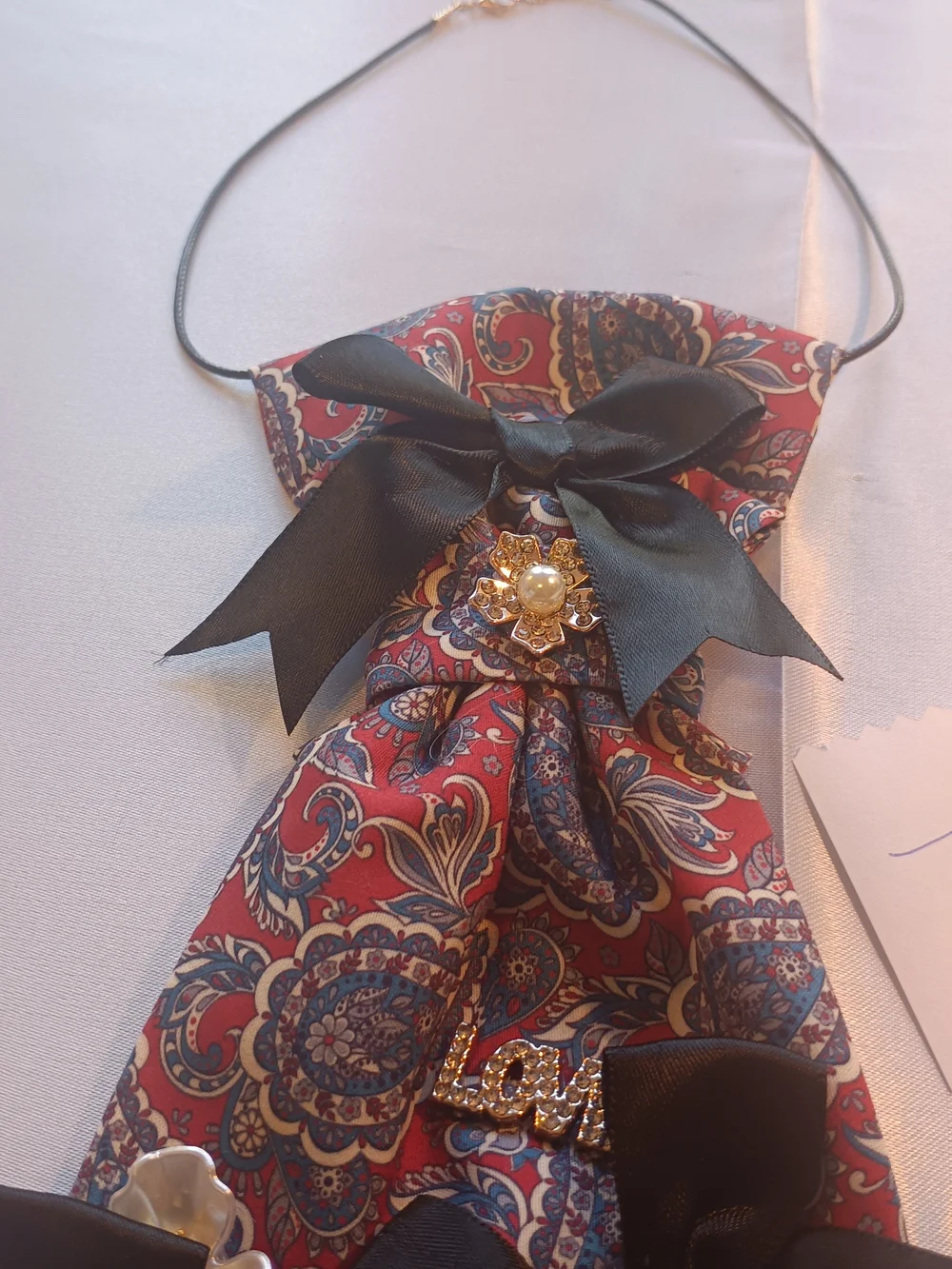 Cranberry  Red Paisley JunkTie Necklace with Black Ribbon and Pearl Accents